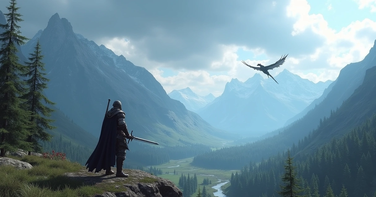 Personagem de fantasia medieval em Skyrim, com montanhas e dragão ao fundo em cenário vibrante.