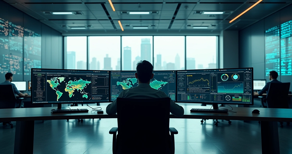 Sala de controle moderna com painéis exibindo métricas de SLA em monitoramento remoto 