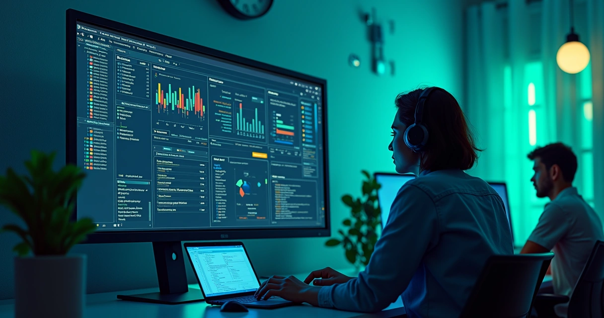 Monitor de computador exibindo gráficos de SLA, com equipe de suporte ao fundo 