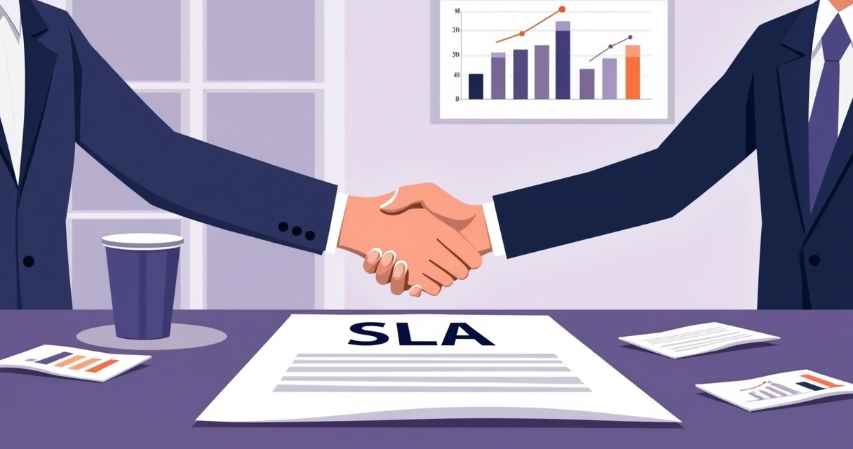 Duas pessoas apertando as mãos com um contrato de SLA sobre a mesa 
