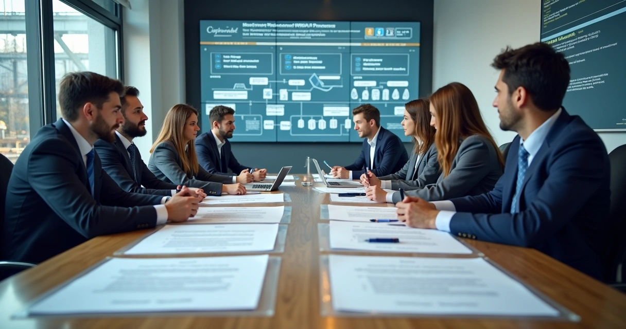 Managers and suppliers sitting at a table discussing an agreement 