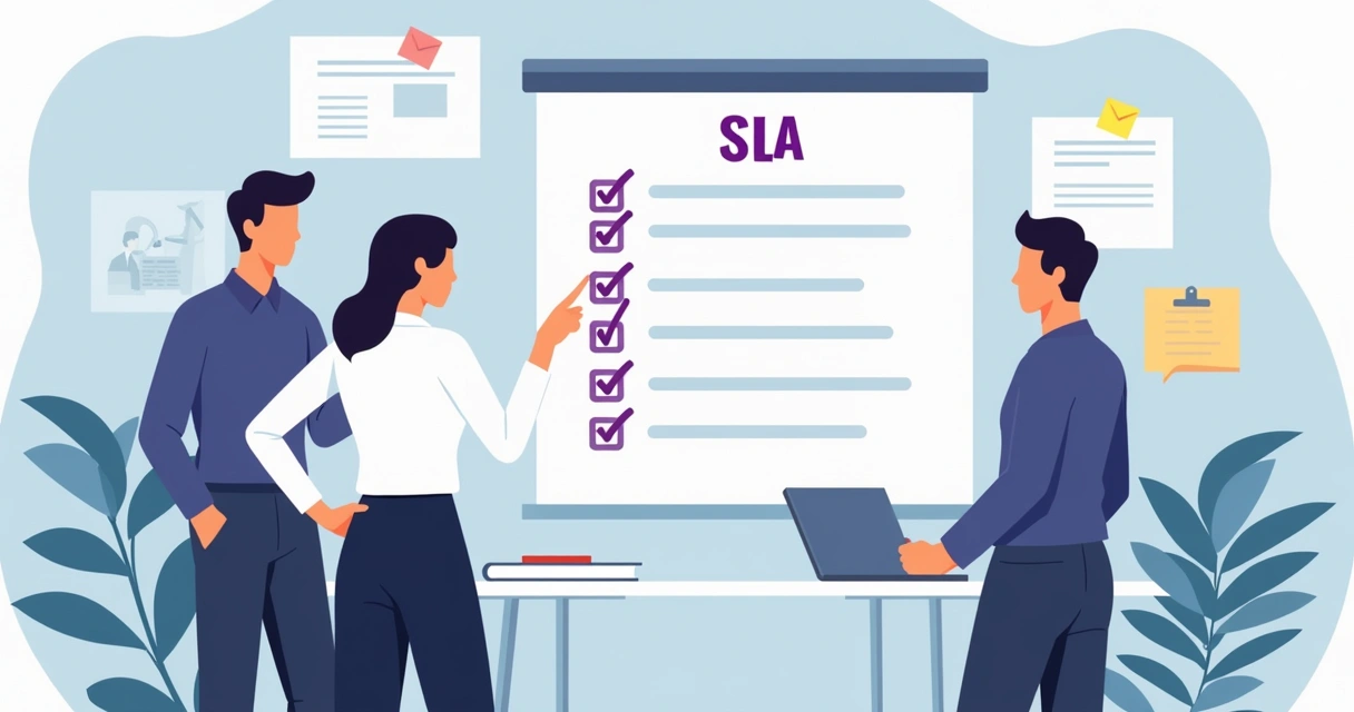 Equipe reunida revisando um checklist de SLA em um quadro branco 