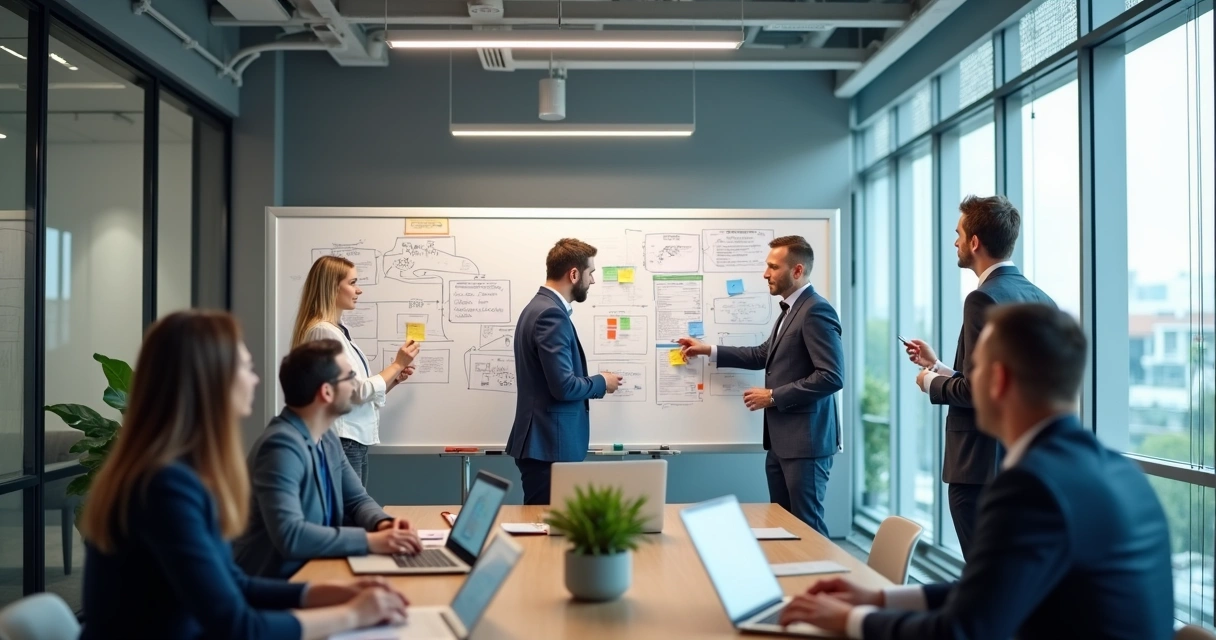 Equipes de marketing e vendas reunidas desenhando fluxos em um quadro branco.