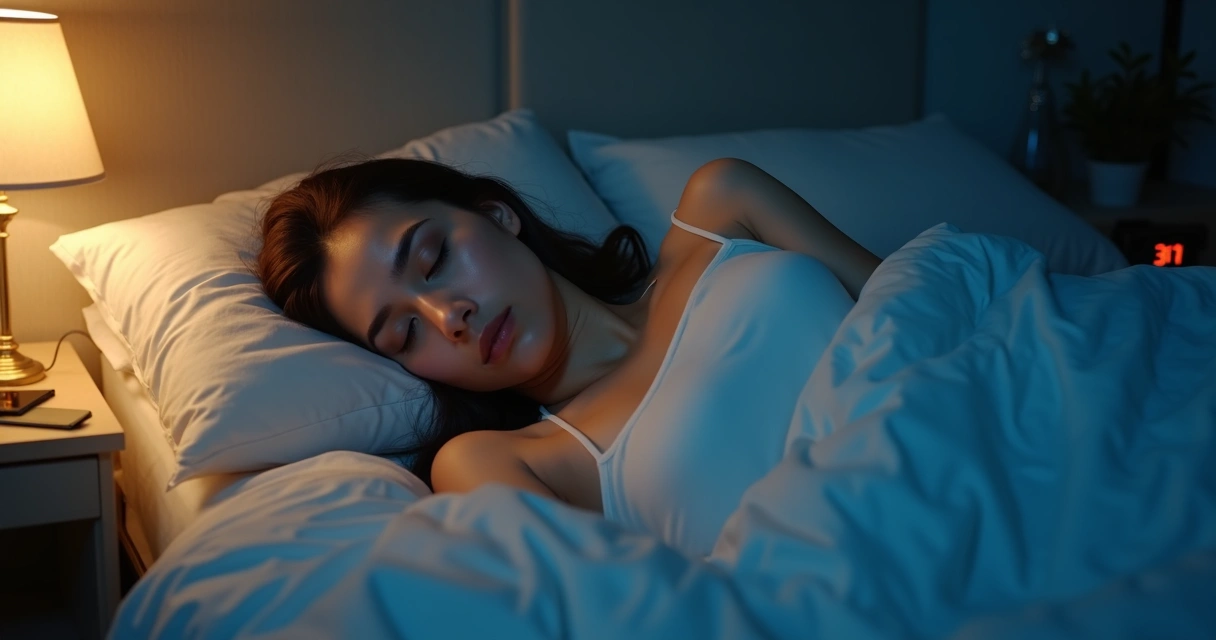 Woman in bed at night with split lighting showing calm sleep on one side and emotional stress on the other 