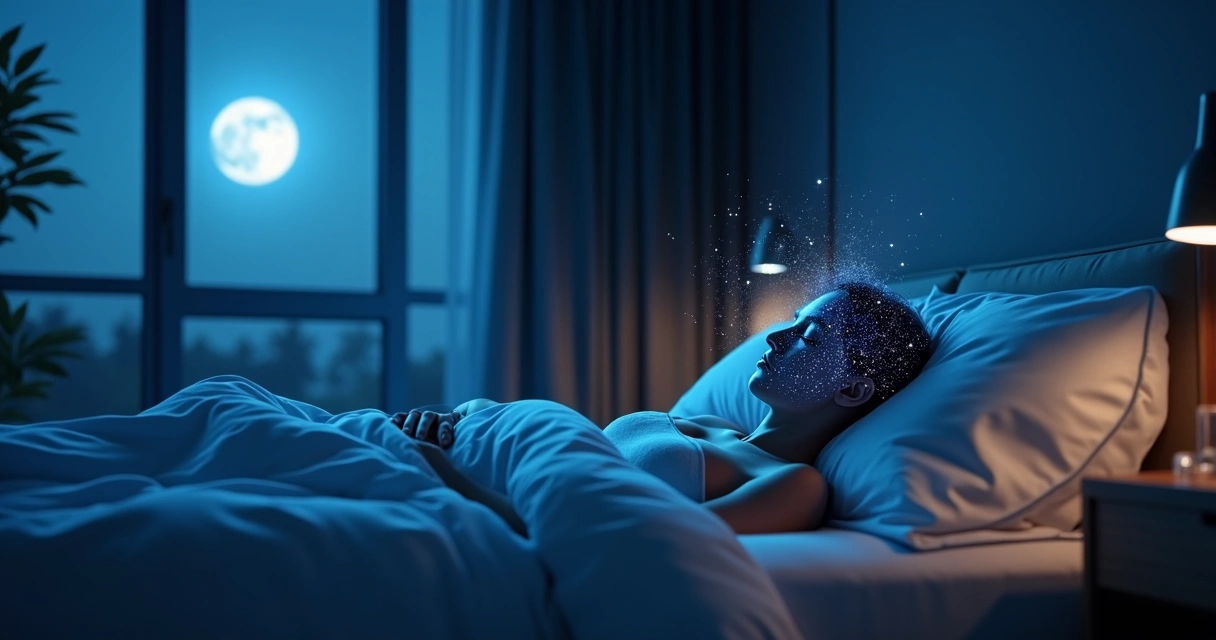 Person sleeping peacefully with glowing mind silhouette amid flowing constellations and brainwave patterns 