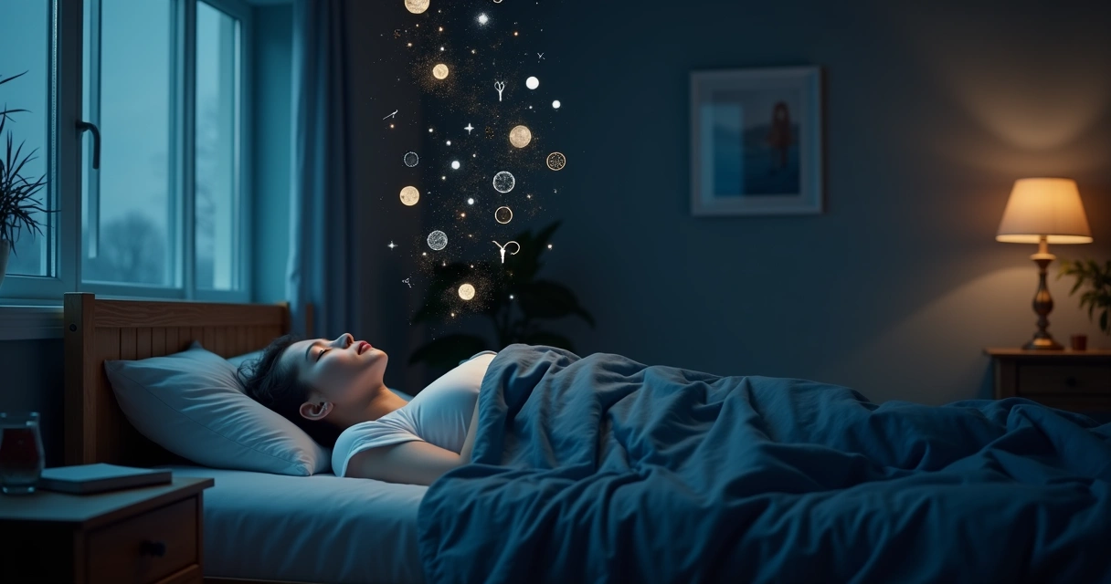 Person lying awake in bed with translucent thought patterns floating above 