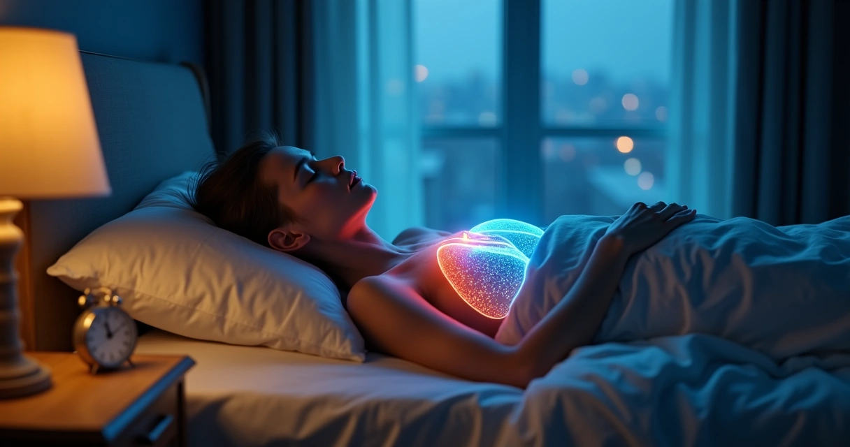 Sleeping person with highlighted breathing rhythm pattern at night 