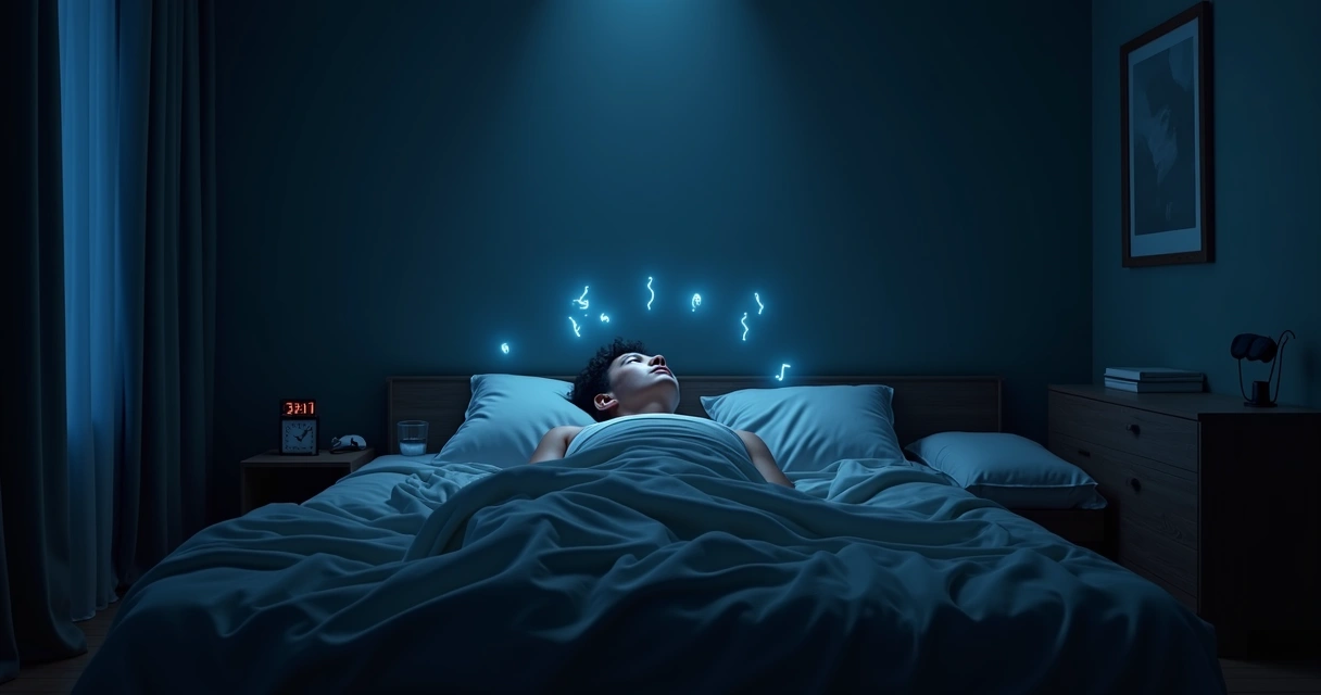 Person in dim bedroom surrounded by visual echoes of shallow breathing struggles at night 