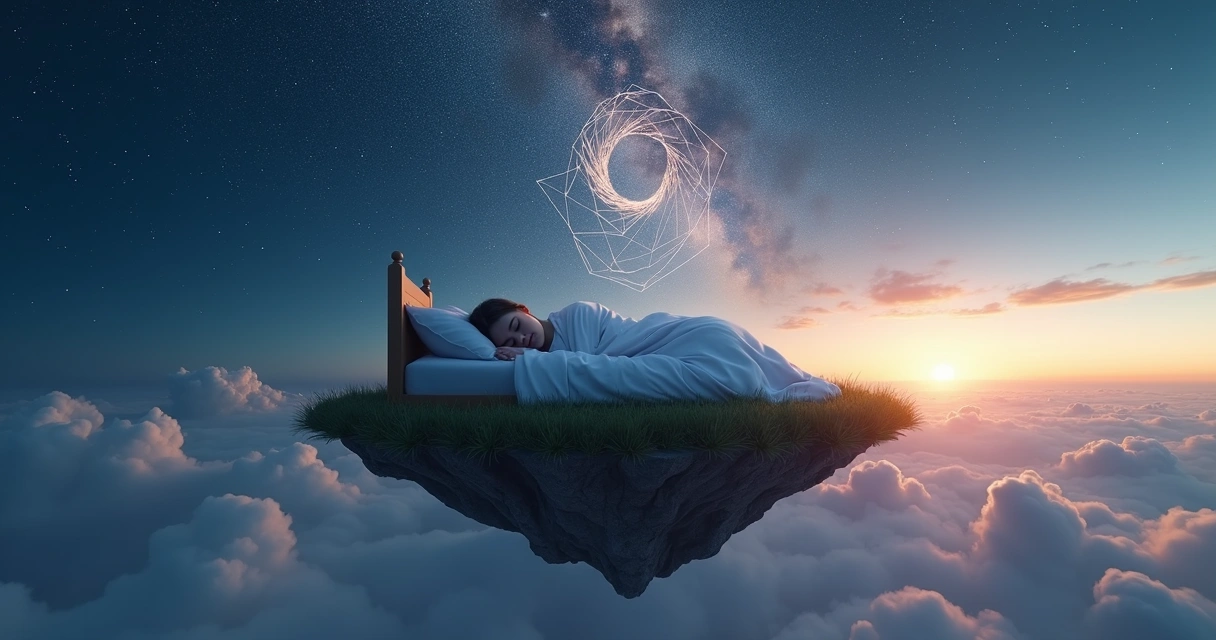 Person sleeping on a floating island between night sky and sunrise horizon 
