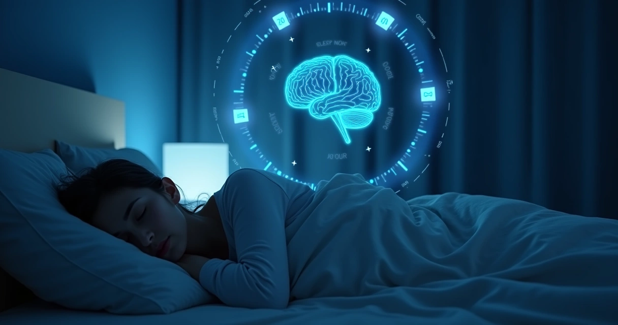 Person sleeping beside a glowing brain cycle graphic at night