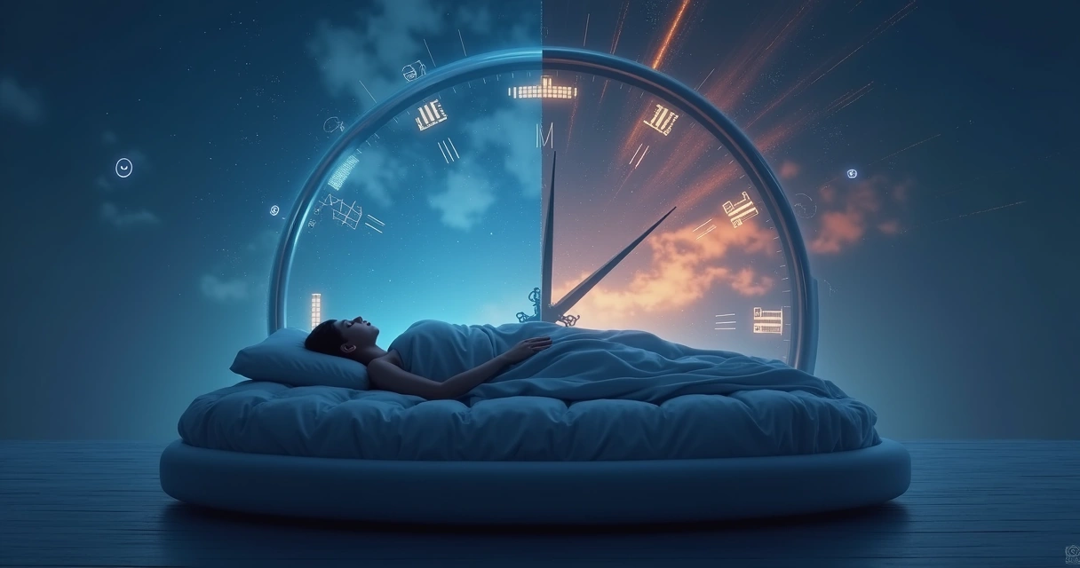Human silhouette resting on a clock-shaped bed under a night sky split between calm and chaotic colors 