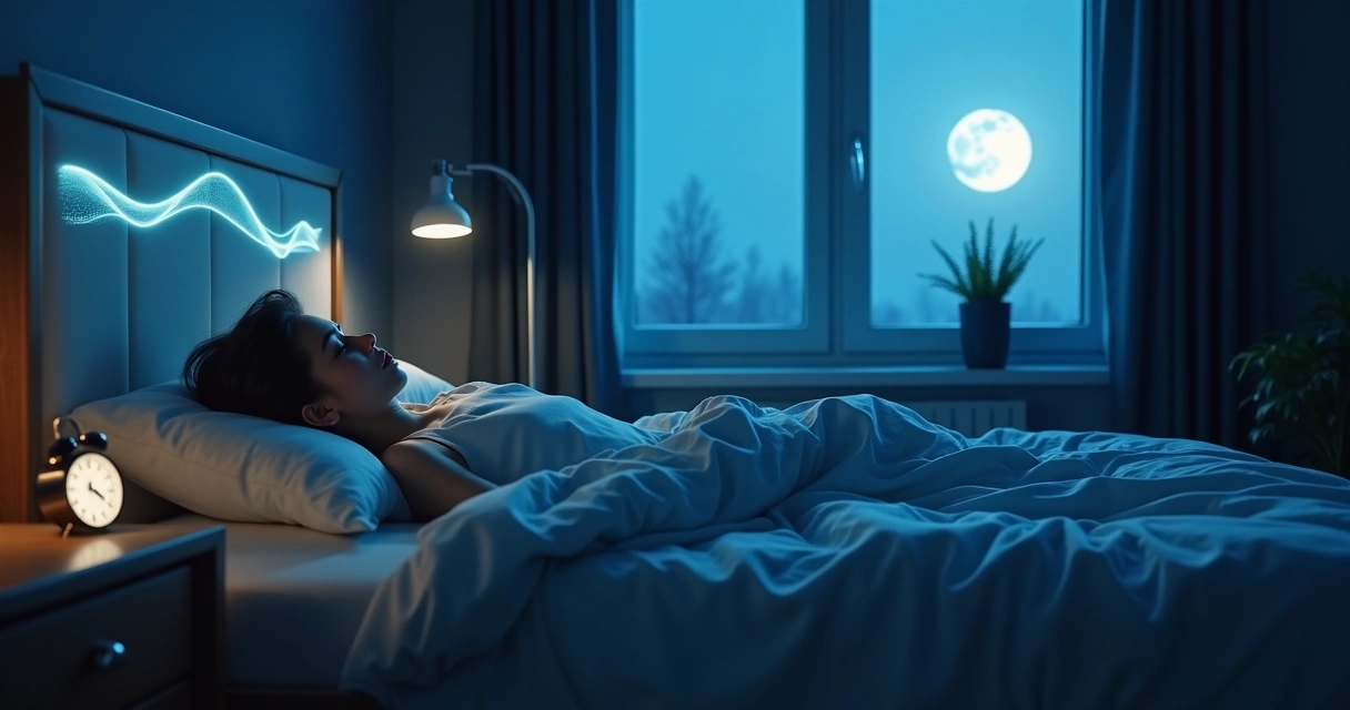 Person sleeping in a dim room with moonlight and layered sleep cycle graphics