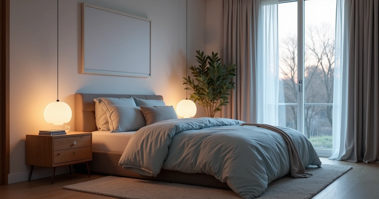 Calm bedroom with soft lighting and minimalist decor