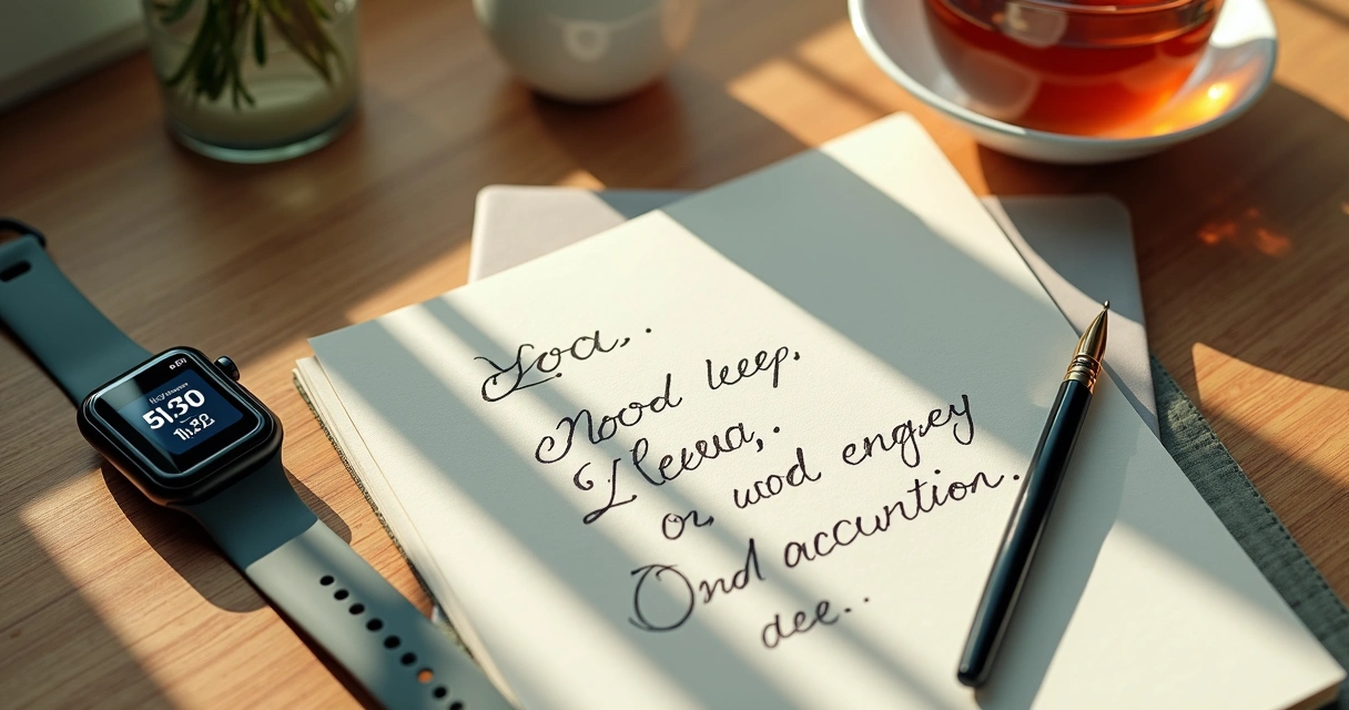 Sleep tracker, journal, and tea on a desk 