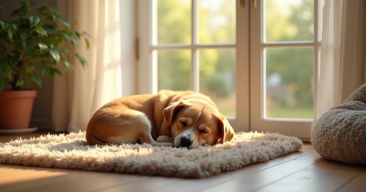 Dog sleeping peacefully by a sunlit window on a cozy blanket 