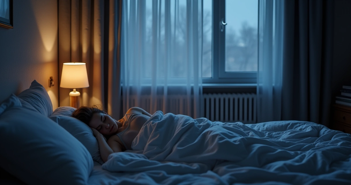 A bedroom at night with a person peacefully sleeping