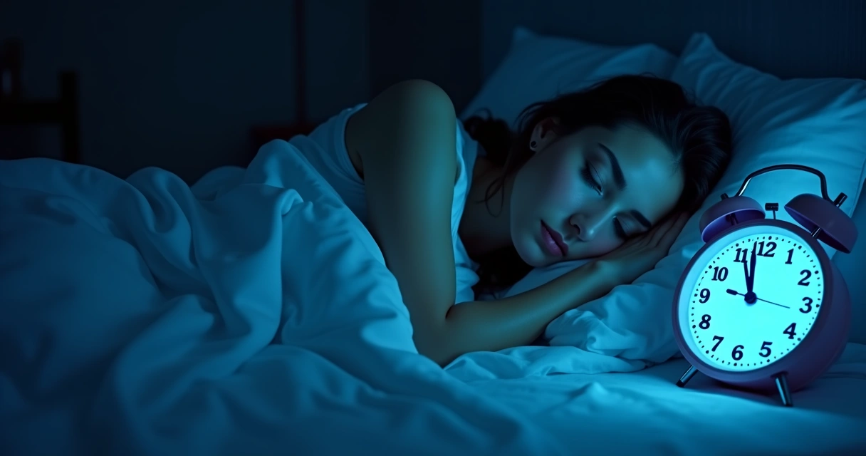 Woman asleep in dark room with bright digital clock and faint glow of phone screen nearby 