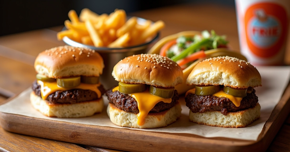Três sliders de hambúrguer dispostos em prato, acompanhados de batata curly e dois pequenos tacos. 