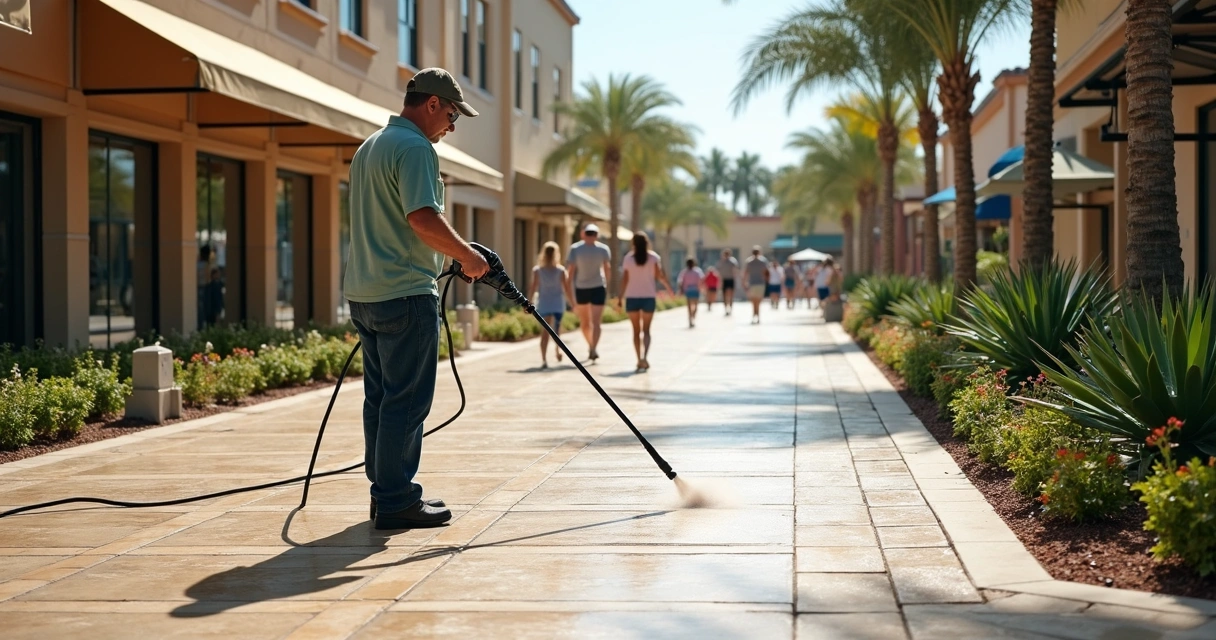 Technician cleaning paver walkway at Florida mall 