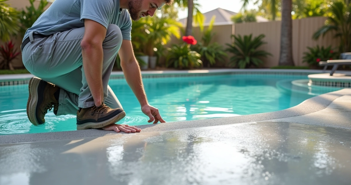 Central Florida contractor testing slip-resistant coating on a wet poolside patio 