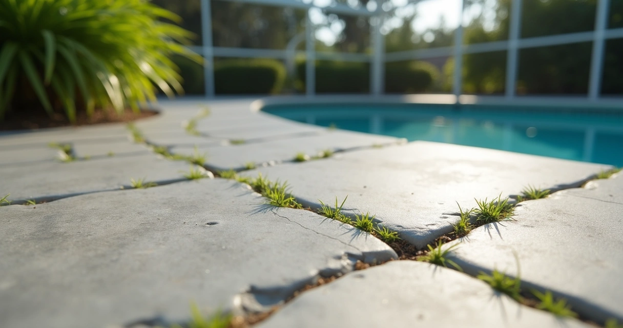 Concrete patio with visible slope and surface crack
