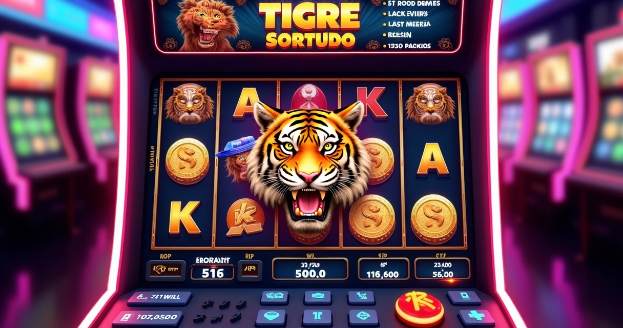 Máquina caça-níquel digital com tema de tigre sortudo em exibição brilhante e colorida 