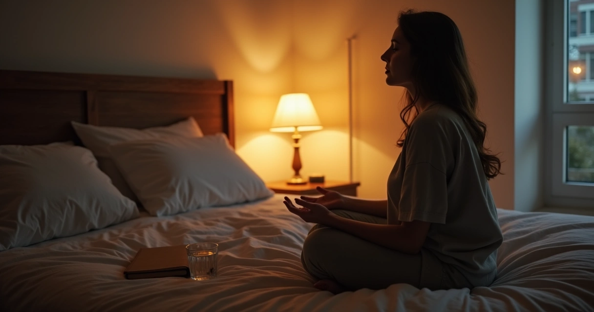 Bedside scene with journal, warm lamp, and calm breathing practice