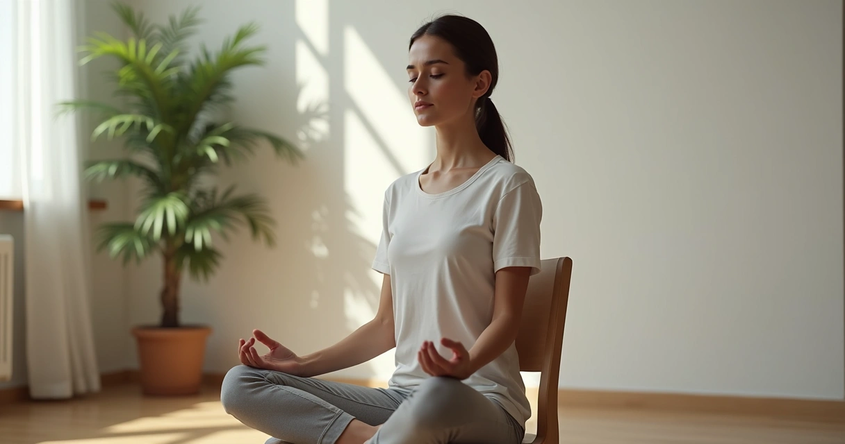 Person seated upright practicing slow breathing in a calm room
