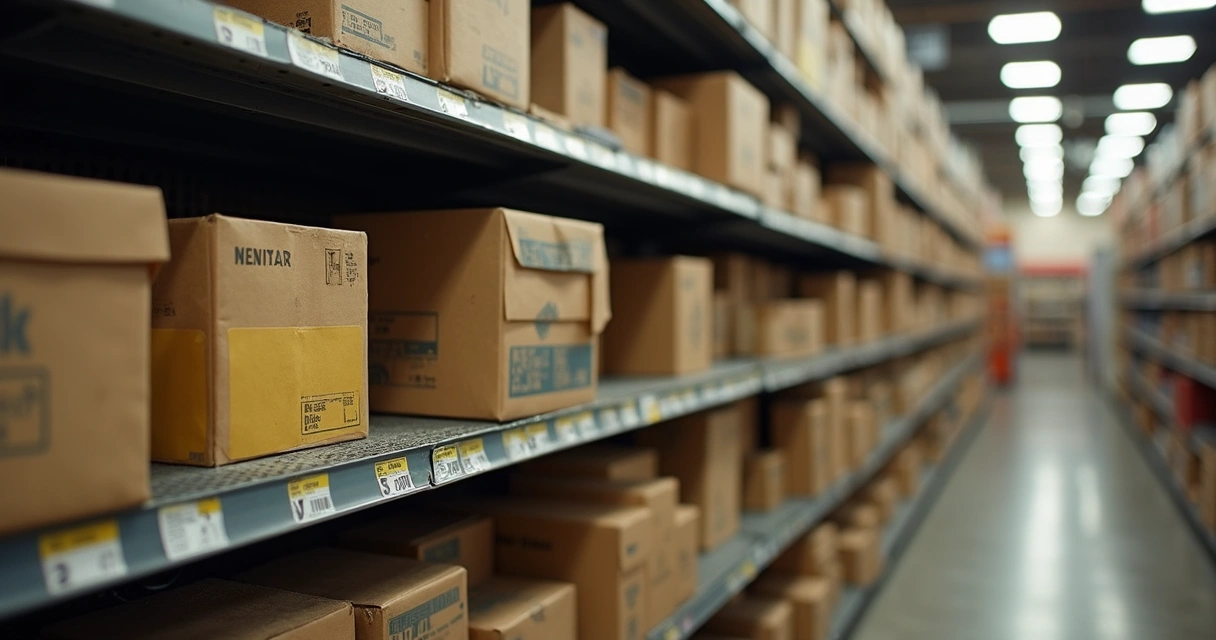 Dusty unopened boxes on store shelves 
