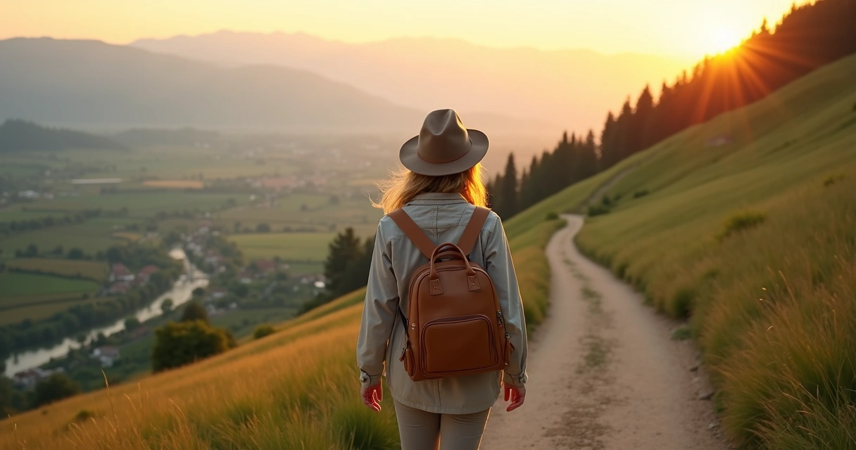 Viajante caminhando devagar em trilho de montanha com mala pequena e paisagem ao pôr do sol 