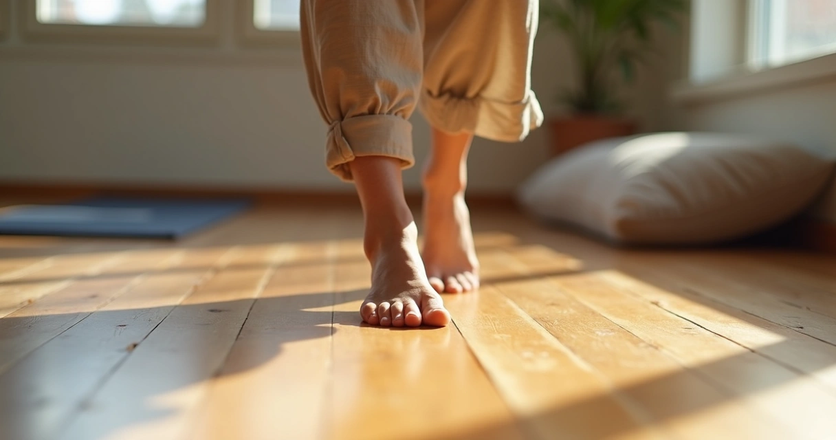 Bare feet walking slowly on a wooden floor