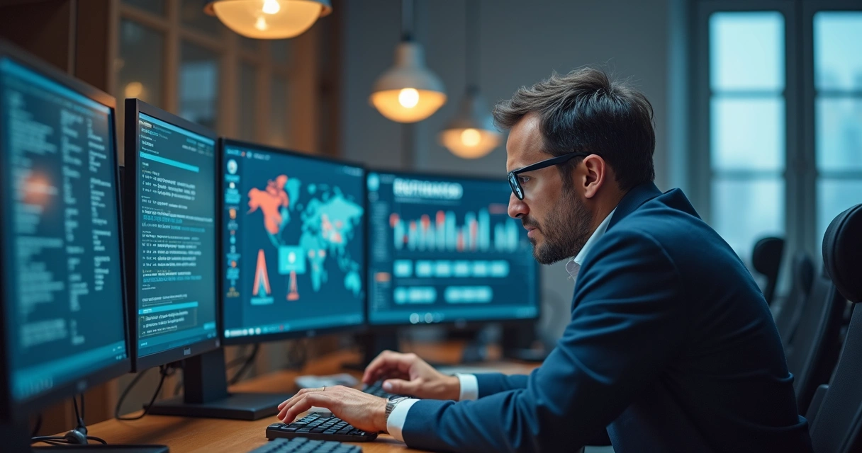 Business owner frustrated with malfunctioning automation software on multiple computer screens in modern office 