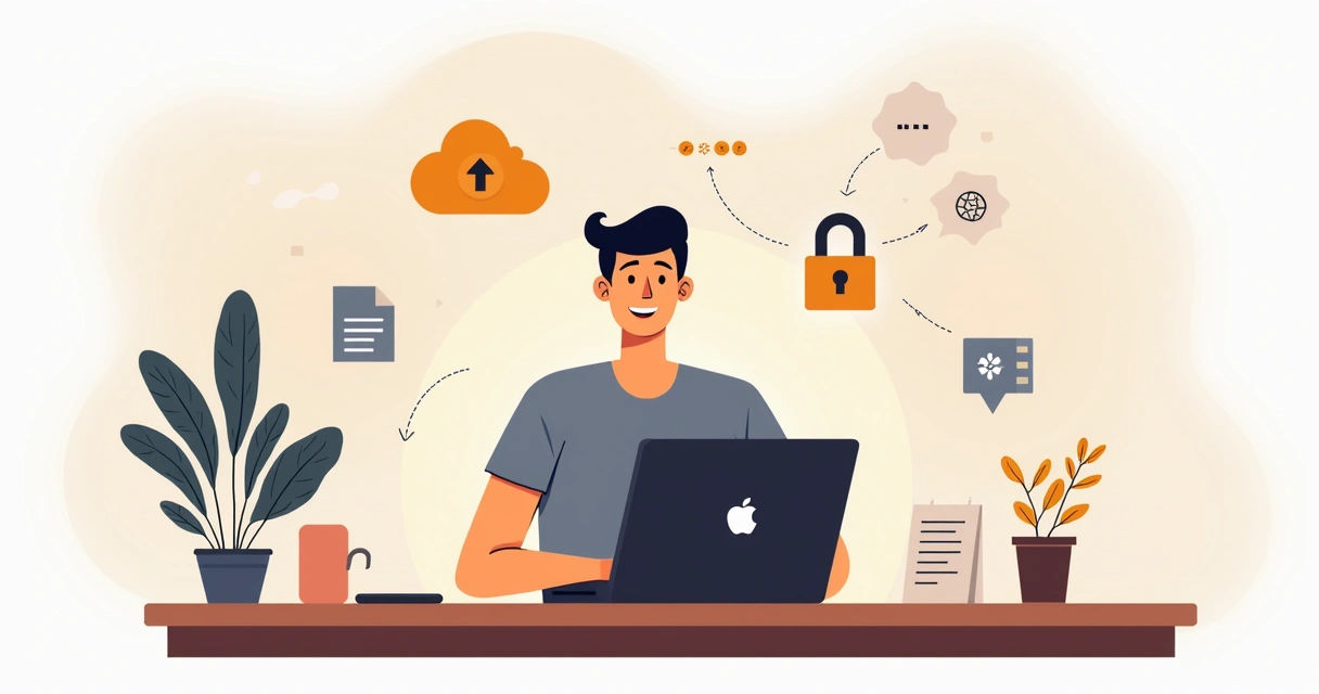 Small business owner using laptop to manage digital contracts, icons representing cloud, lock, and integrations around. 