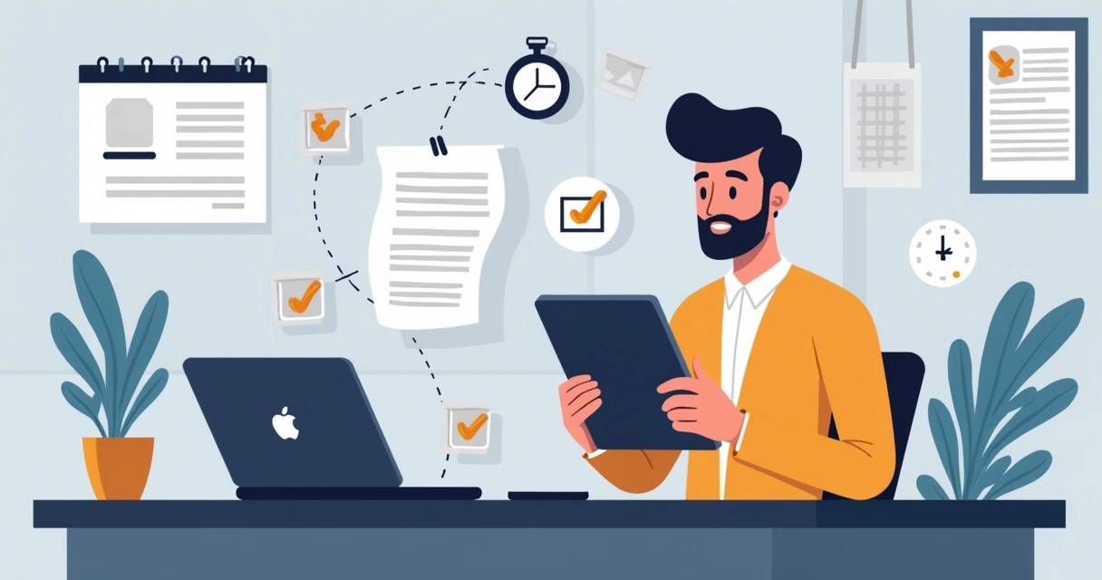 Illustration of a small business owner digitally signing documents on a tablet with contract icons around