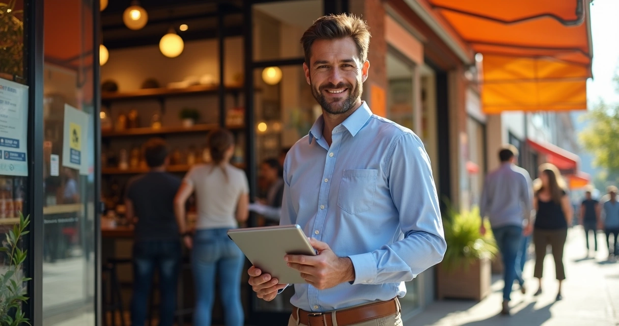 Owner of a small shop celebrating local SEO success metrics 