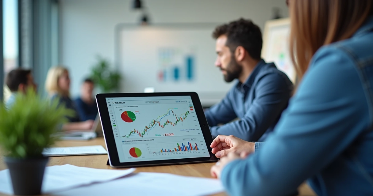 A small business manager reviewing market risk graphs on a tablet in a modern office 