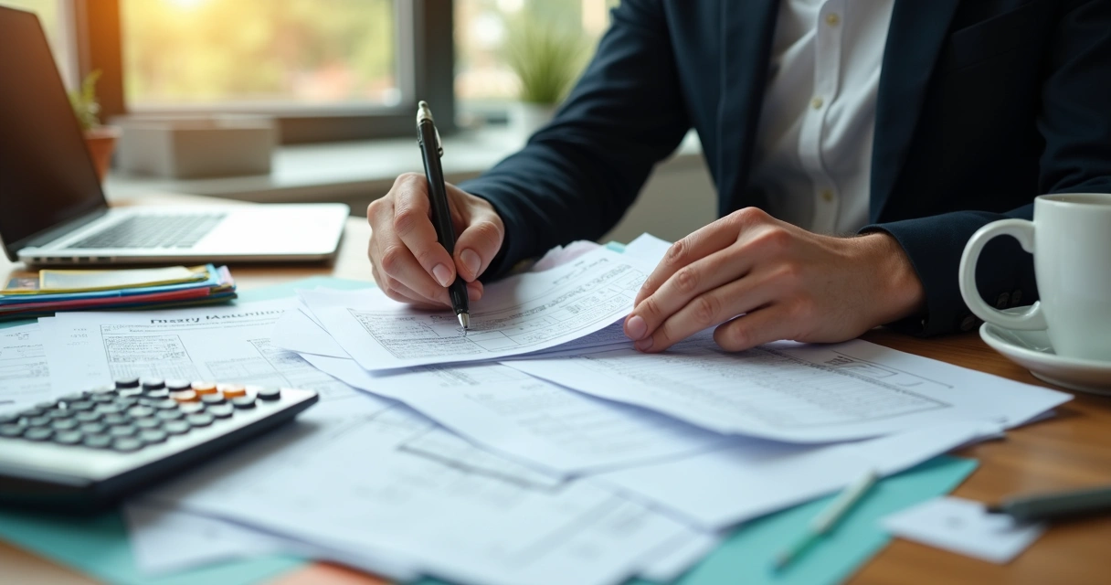 Business owner sorting receipts and tax forms at wooden desk 