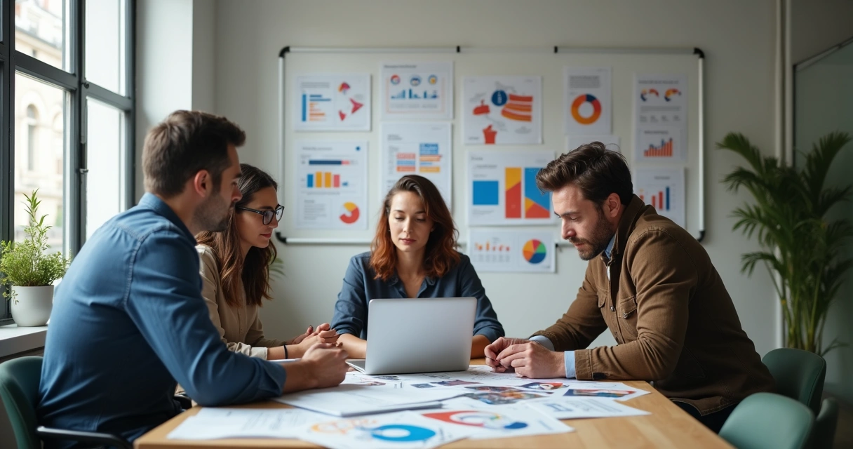 Small business team discussing social media results with laptop and graphics on the wall