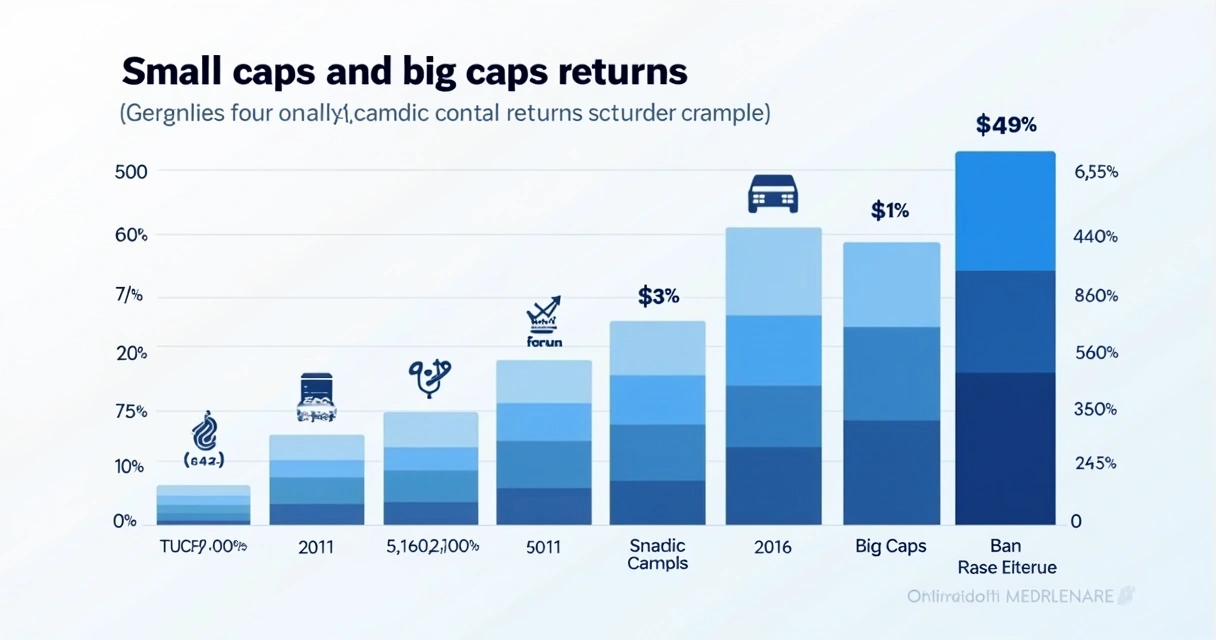 Gráfico de barras coloridas comparando retornos de small caps e big caps em diferentes mercados 