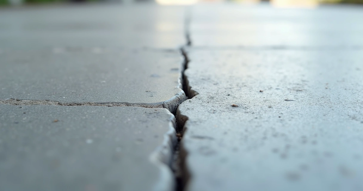 Close-up of a small concrete crack on a light gray slab