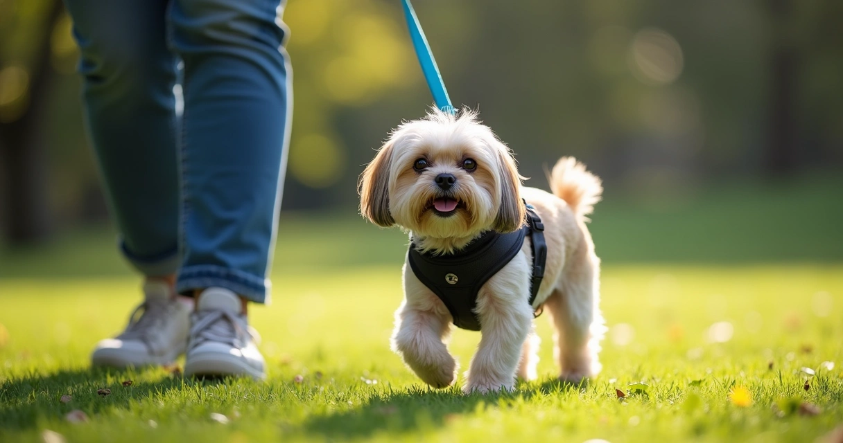 Small dog wearing a harness being gently guided on a leash by a person’s hand 