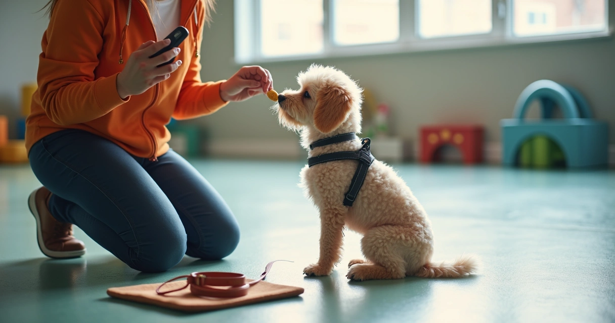 Trainer working with a small dog using a harness, clicker, and treats 