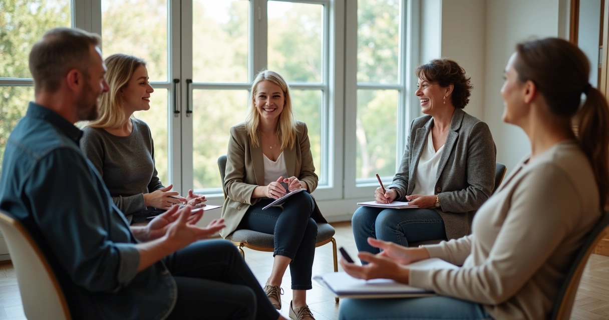 Small group laughing together in a circle
