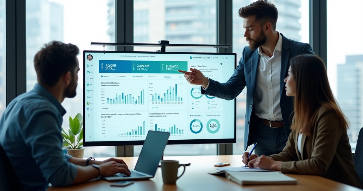 Small marketing team reviewing an online reputation monitoring dashboard together 
