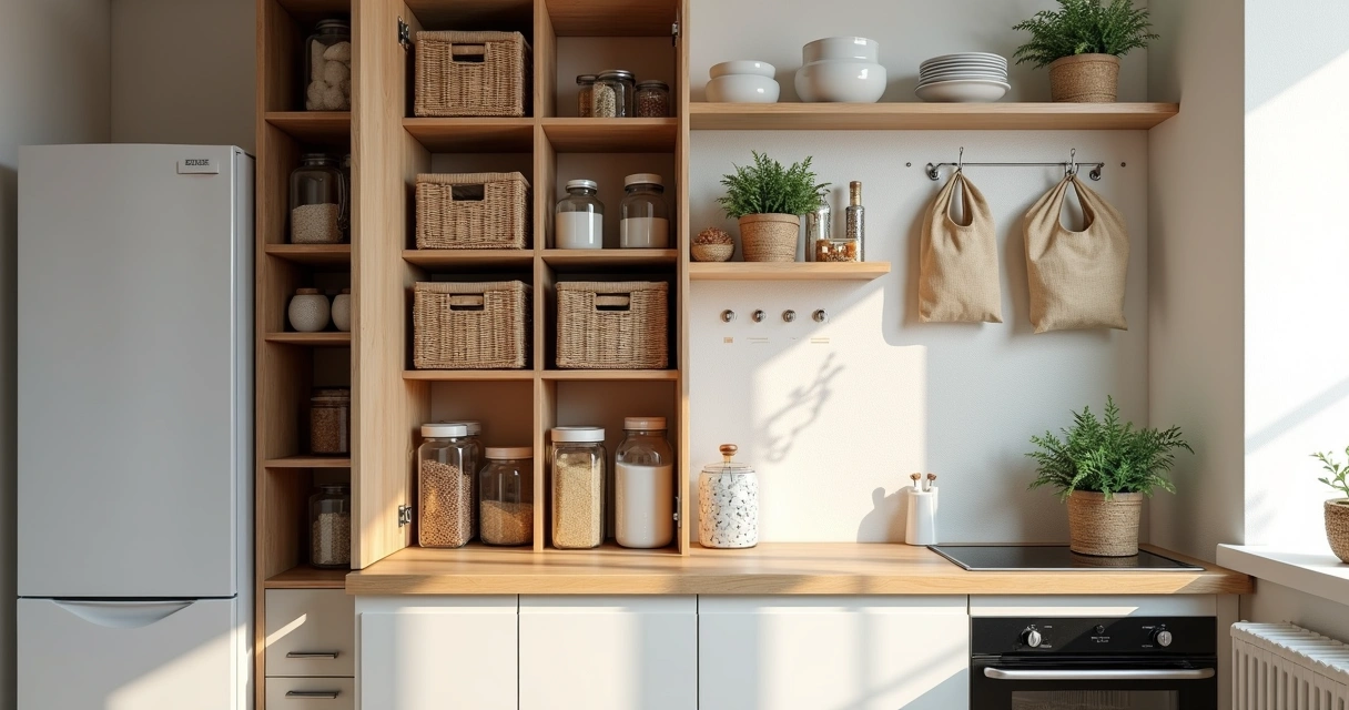 Small apartment pantry with creative storage ideas 