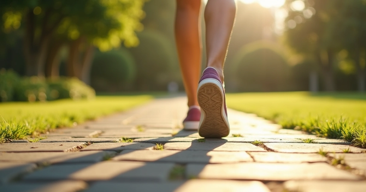 Feet taking small deliberate steps on a sunlit pathway