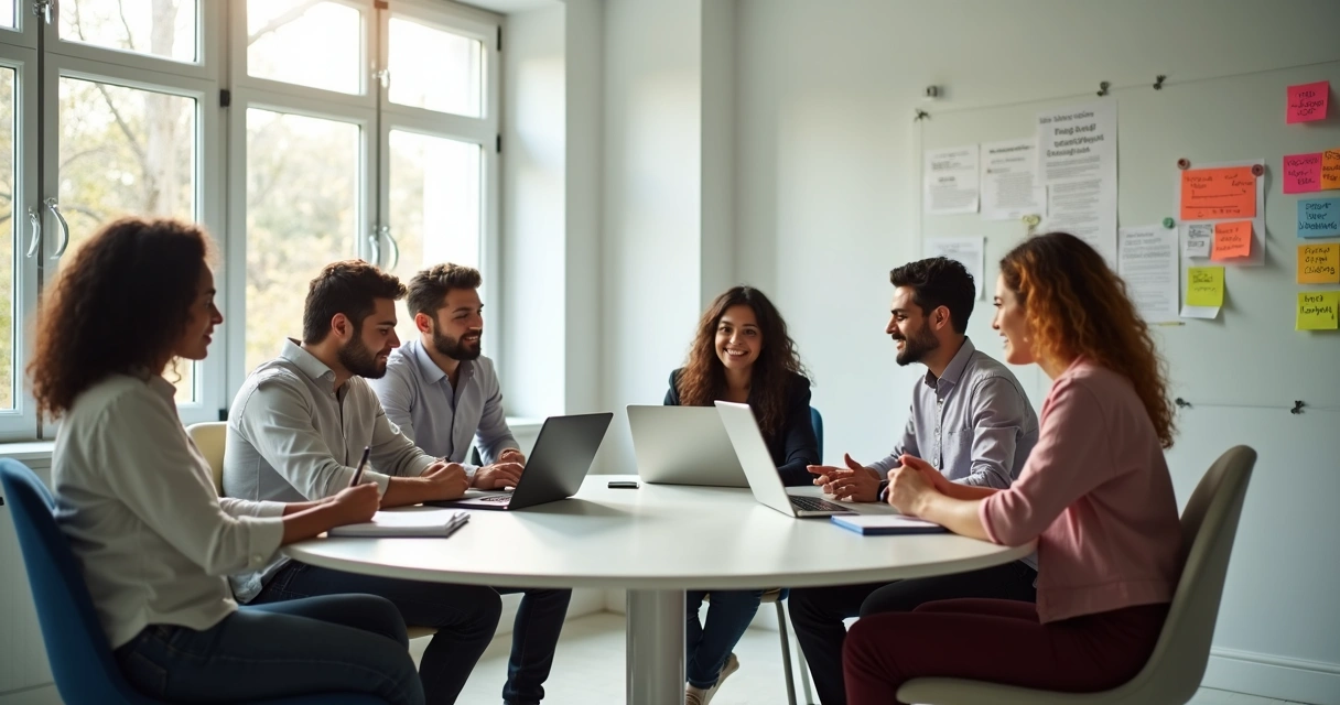 Team of five people in a meeting room discussing notes and laptop 