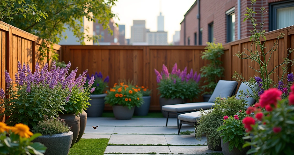 Small urban backyard with pollinator plants in containers 