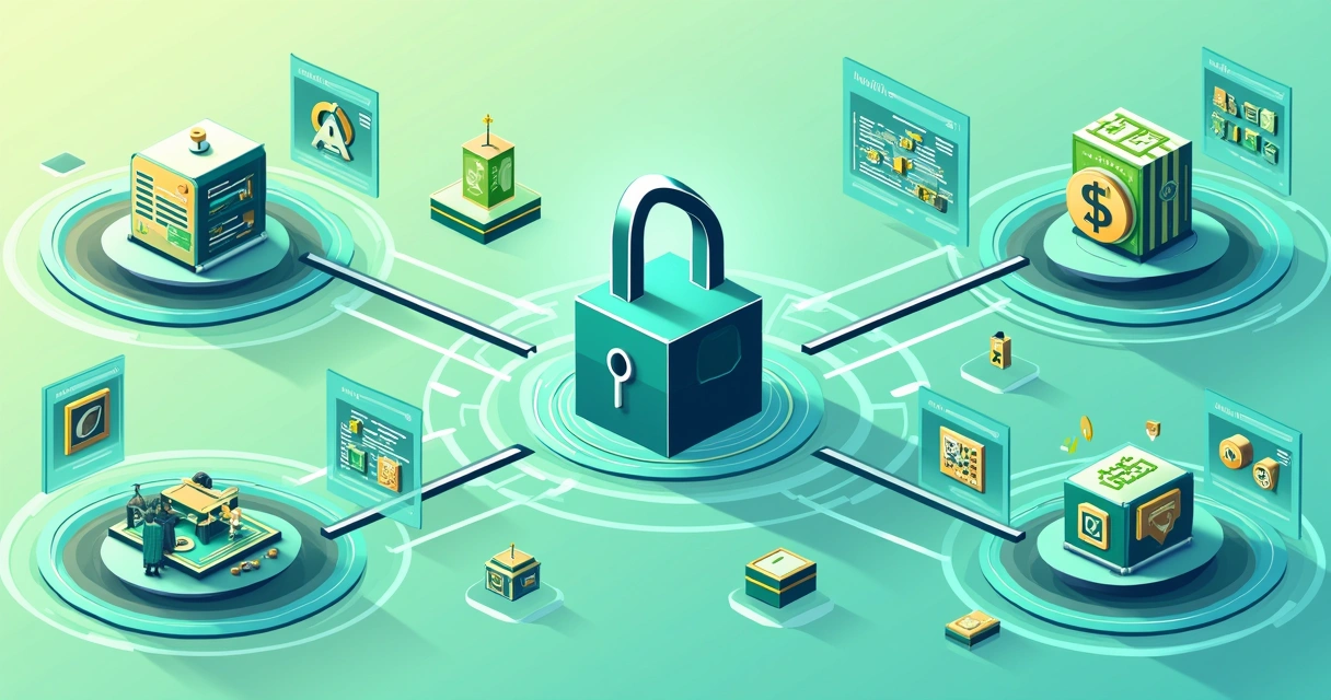Blockchain nodes processing smart contracts visually connected by code