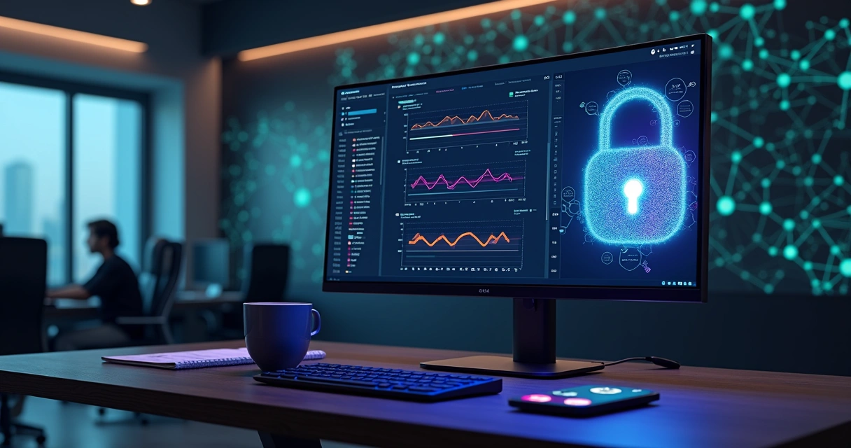 Tela com contrato inteligente e gráficos de previsão em plataforma digital 